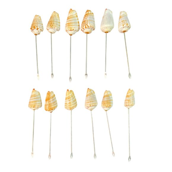 Set Of 12 Natural Seashell Cocktail Skewers MCM Silver Tone Metal Appetizer - Picture 1 of 12